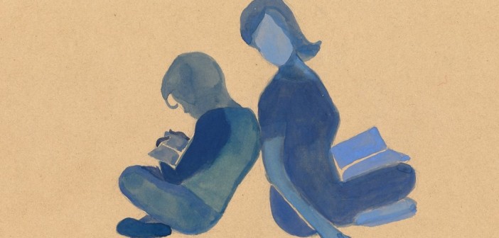 Յուղաներկով արված նկարում երեխան մոր հետ գիրք է կարդում։ Նրանք նստած են մեջք մեջքի տված, երկուսի ձեռքում էլ գիրք կա, մայրը հետևում է, թե ինչ է անում երեխան։